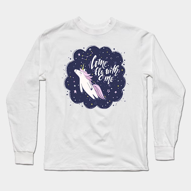 Unicorn Come Fly With Me Long Sleeve T-Shirt by Mako Design 